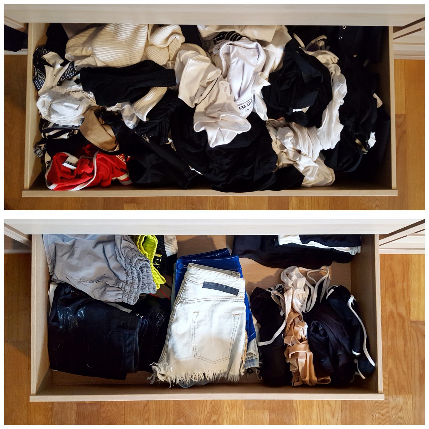 Kleiderschrank organisieren: ein Vorher-Nachher-Vergleich von Schubladen